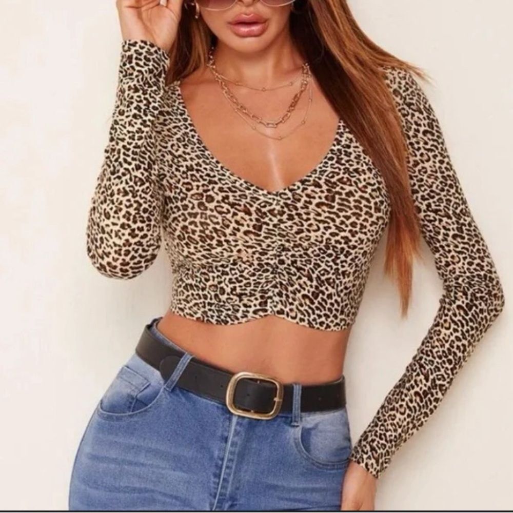 SHEIN tan black leopard cropped long sleeve shirt top with v neck ruch neckline